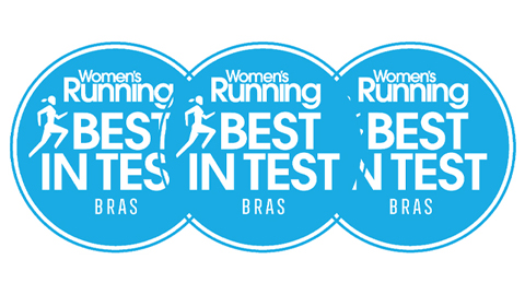 Three blue circles that have small running characters on and text that reads: "Women's Running Best in Test Bras"